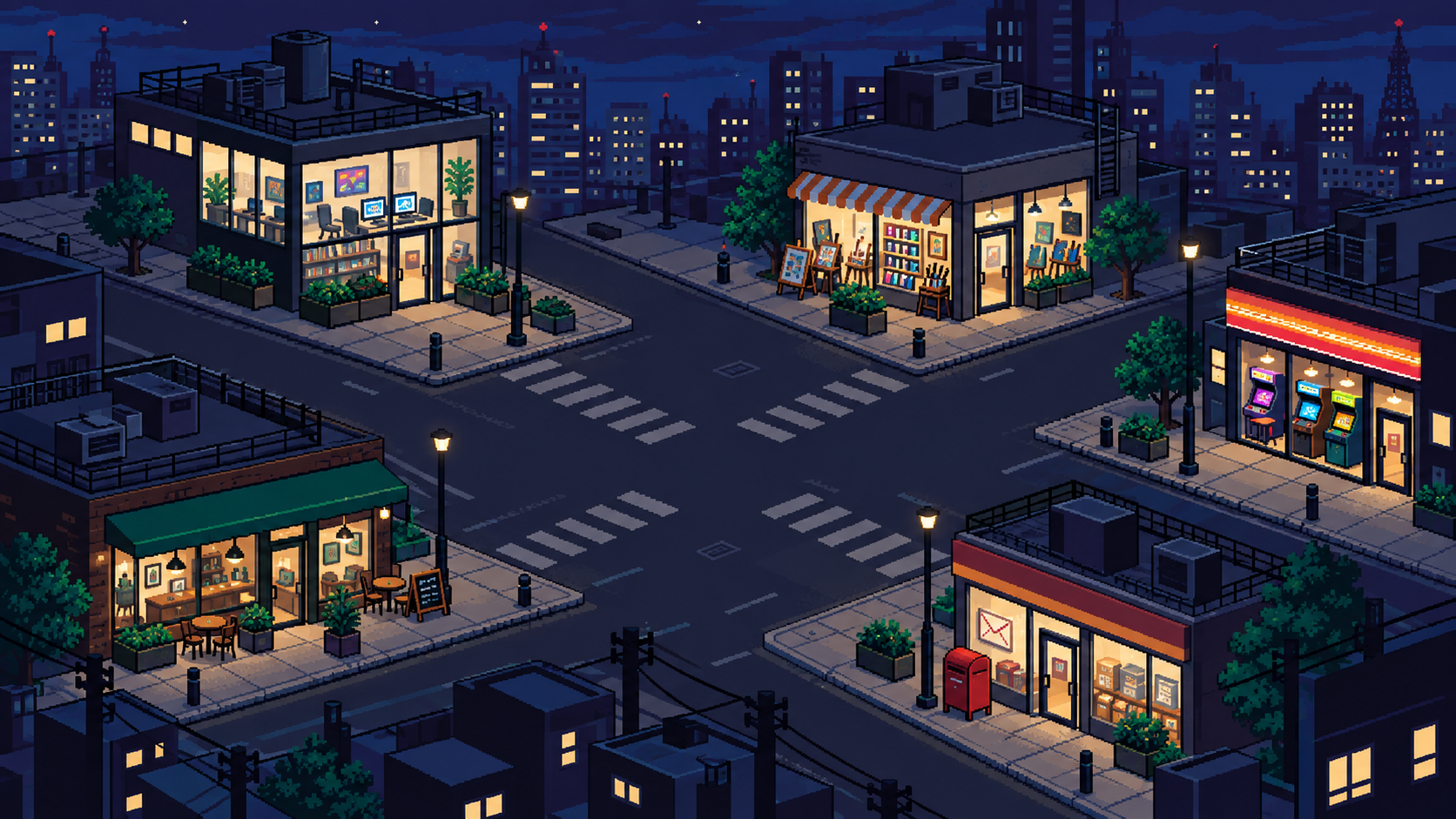 Our pixel-art neighbourhood at night