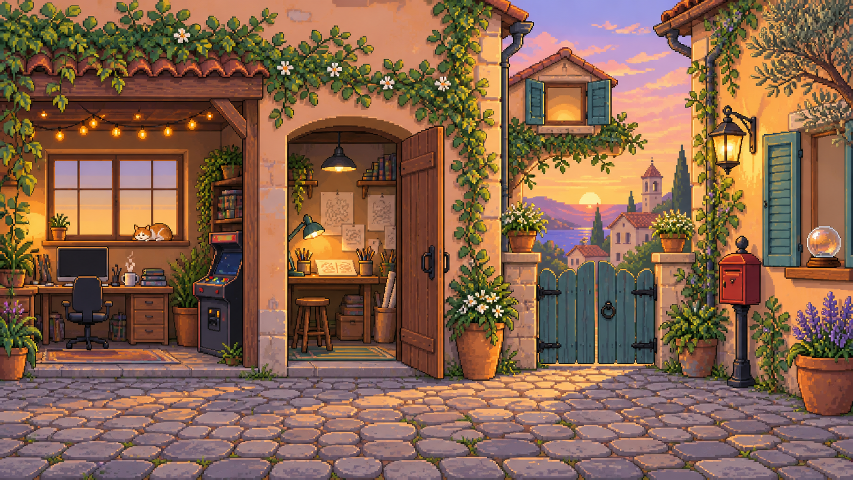 A welcoming game studio courtyard in soft sunset light